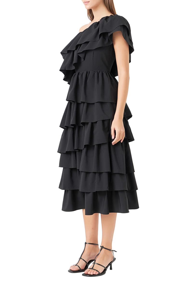 Ruffle One-Shoulder Tiered Ruffle Midi Dress, Alternate, color, BLACK