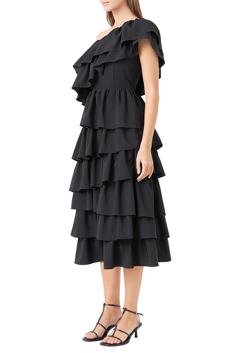 Endless Rose Ruffle One-Shoulder Tiered Ruffle Midi Dress, Alternate, color, Black