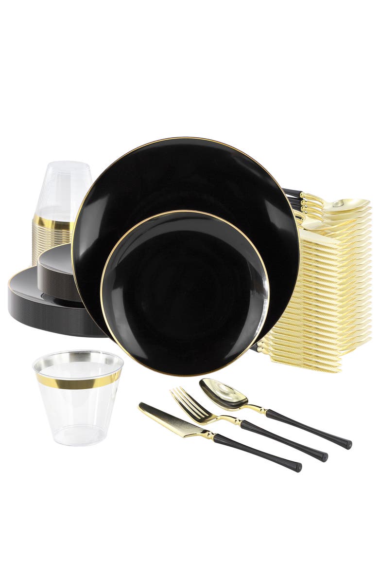 Elama Disposable Plastic Dinnerware Party Set in Black and Gold, Alternate, color, Black