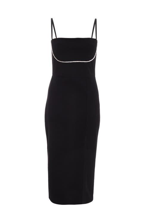 Quiz Scuba Crepe Diamante Trim Midi Dress In Black