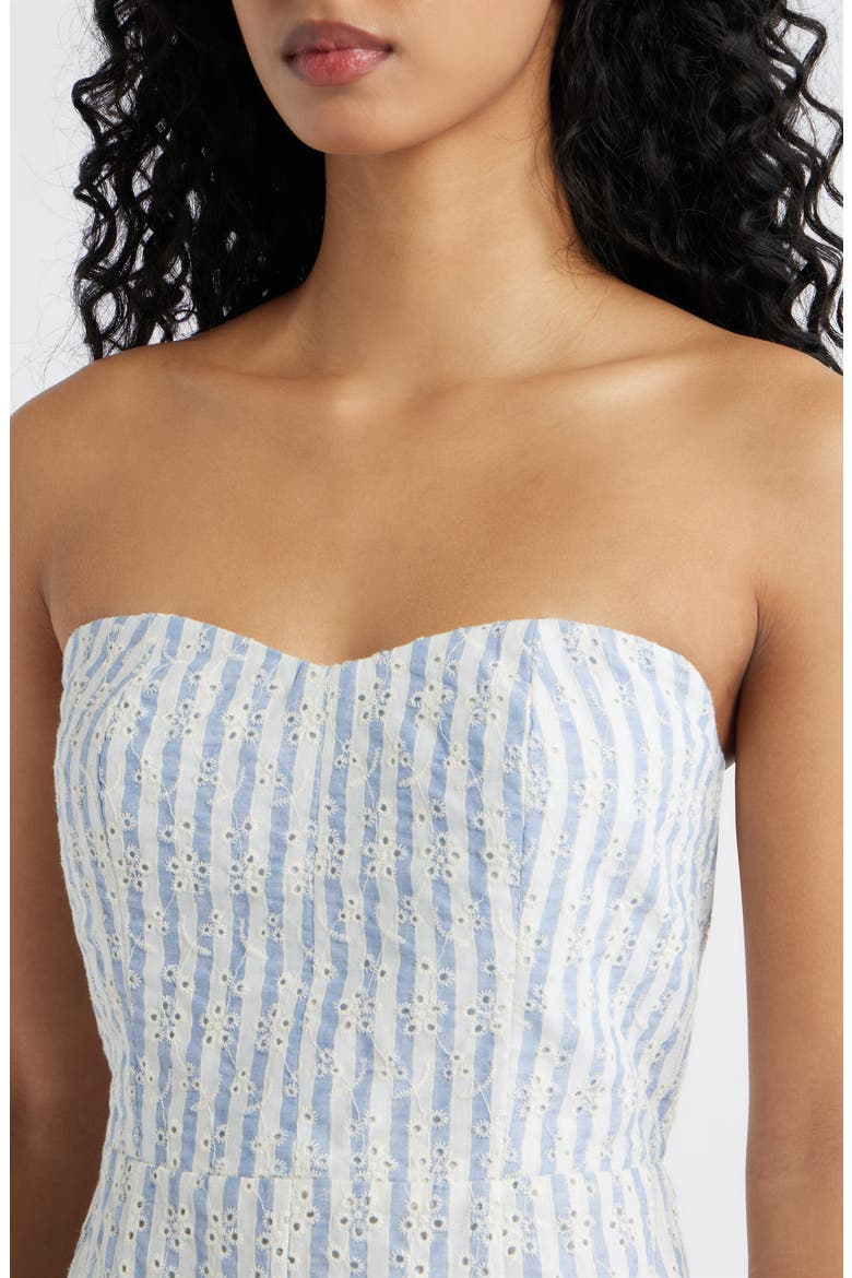 Karina Strapless Stripe Eyelet Midi Dress, Alternate, color, BLUE/ WHITE