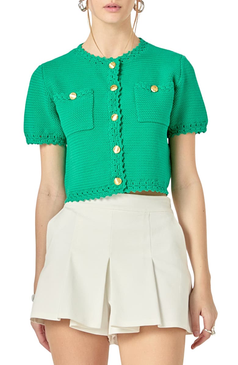 English Factory Golden Button Crop Cardigan, Main, color, Green