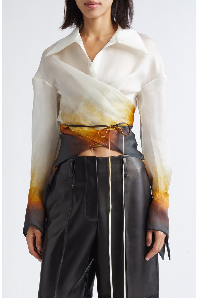 Rust Edge Convertible Silk Organza Wrap Shirt, Main, color, IVORY RUST