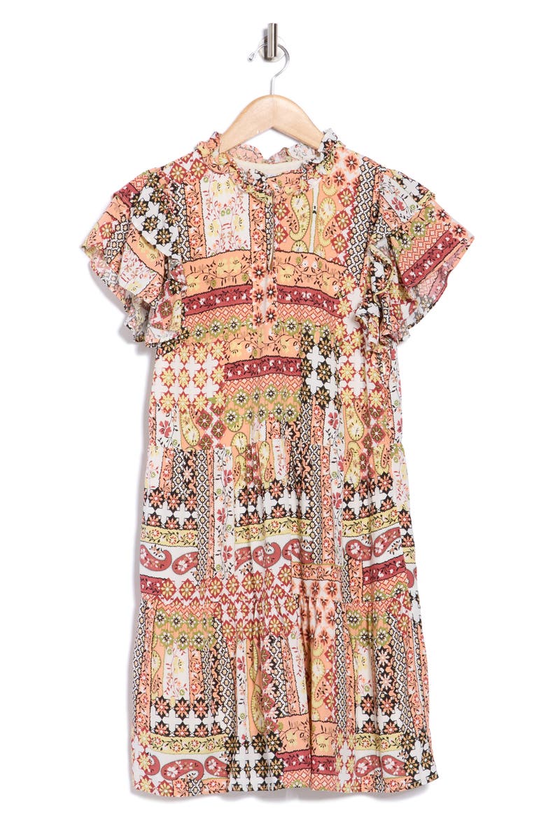 Tiered Short Sleeve Dress, Alternate, color, MIDNIGHT/ MUSTARD