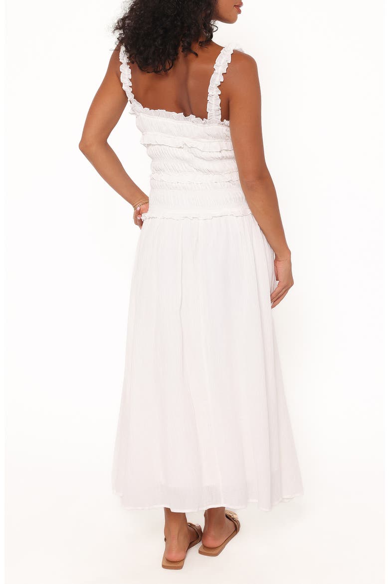 Enola Shirred Ruffle Trim Midi Dress, Alternate, color, WHITE