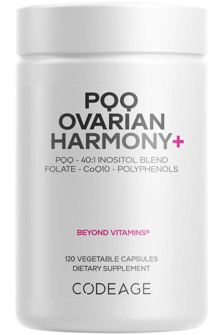 PQQ Ovarian Harmony, Myo + D-Chiro-Inositol, CoQ10, Folate, Pyrroloquinoline Quinone, Main, color, White