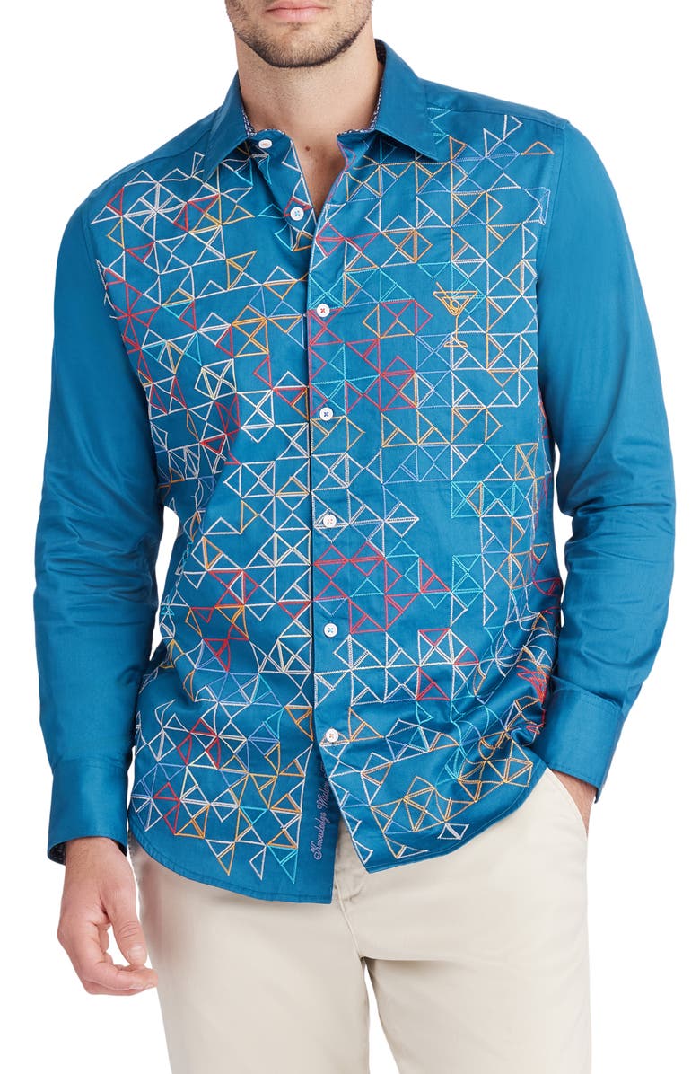Robert Graham Shake & Stir Embroidered Button Up Shirt, Main, color, Dark Teal