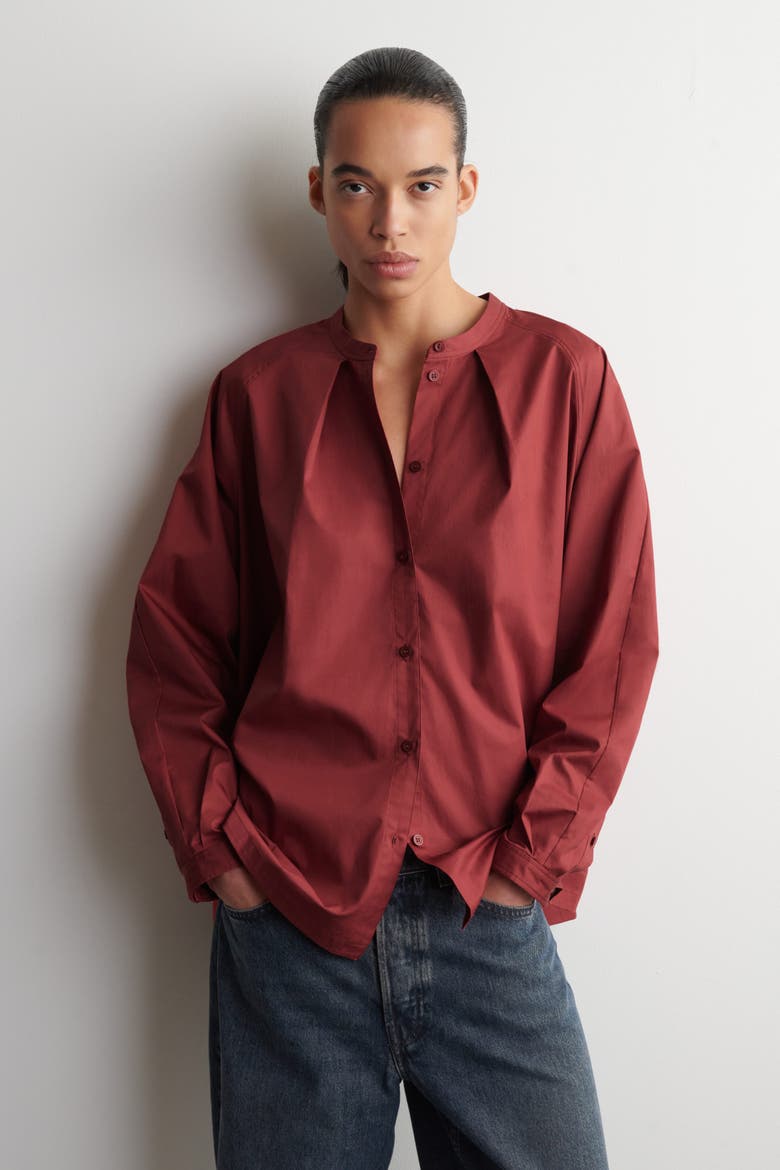 Grandad-Collar Cotton Shirt, Main, color, RED