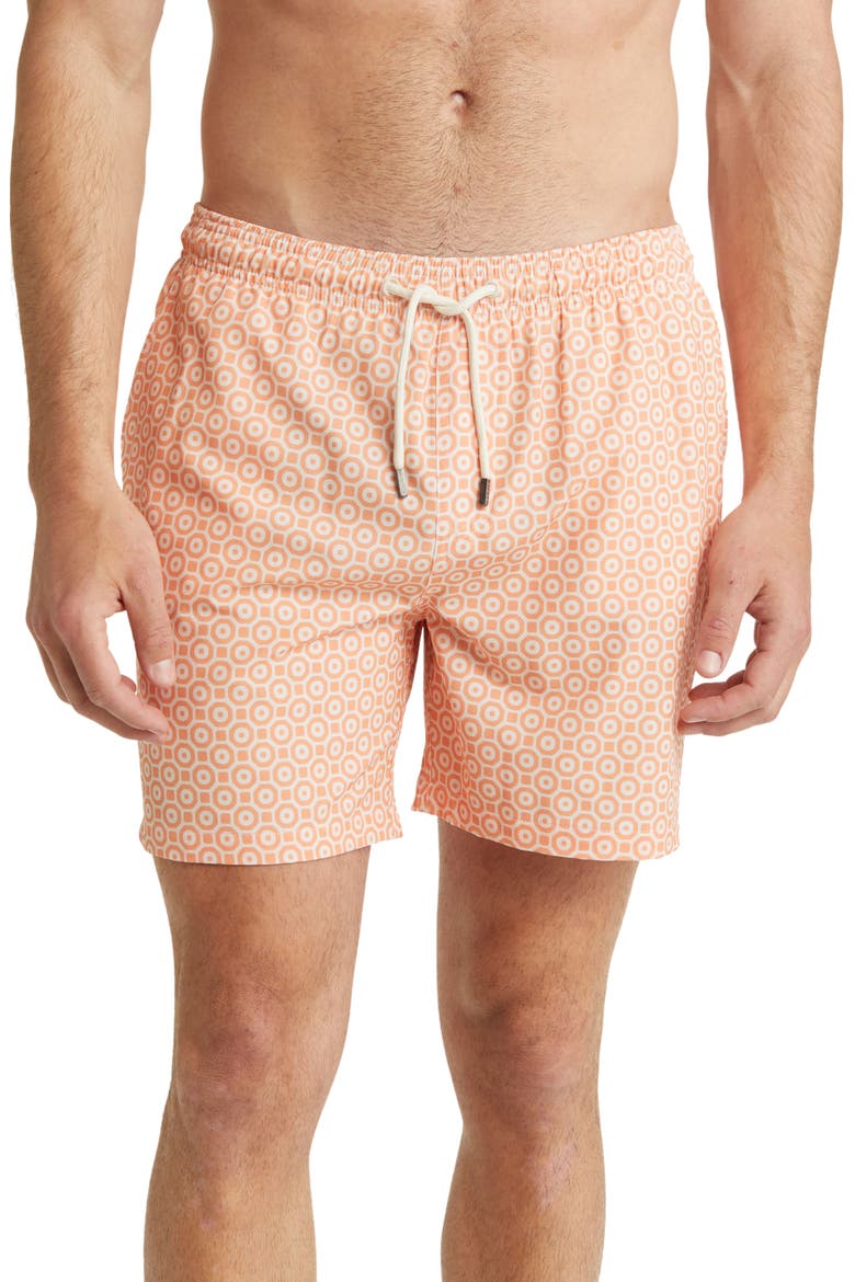 Retro Print Swim Trunks, Main, color, ORANGE