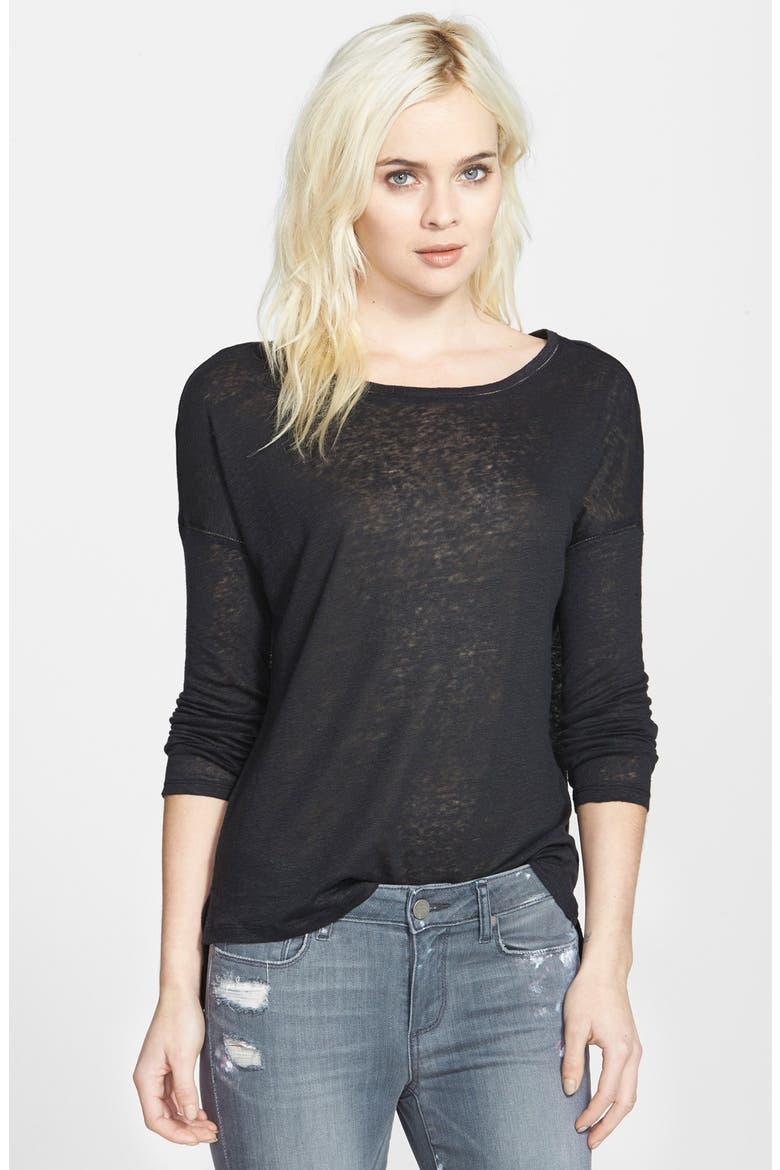 Denim 'Tati' Ladder Stitch Linen Top, Main, color, BLACK
