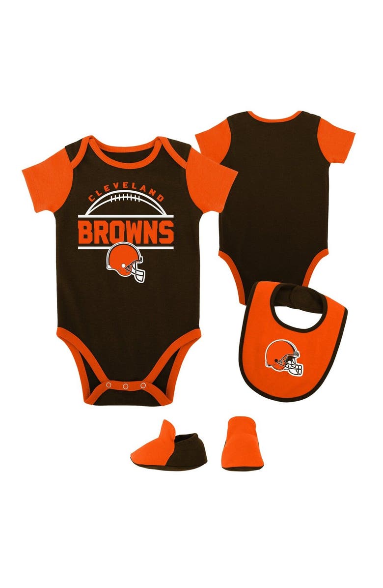 Outerstuff Newborn & Infant Brown/Orange Cleveland Browns Home Field Advantage Three-Piece Bodysuit, Bib & Booties Set, Main, color, Brown