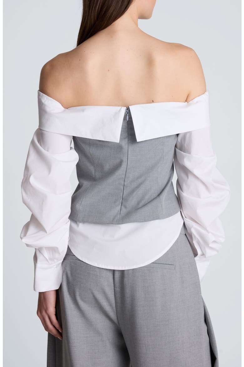 Pleated Sleeve Off the Shoulder Top, Alternate, color, LIGHT FOG HEATHER/ PURE WHITE