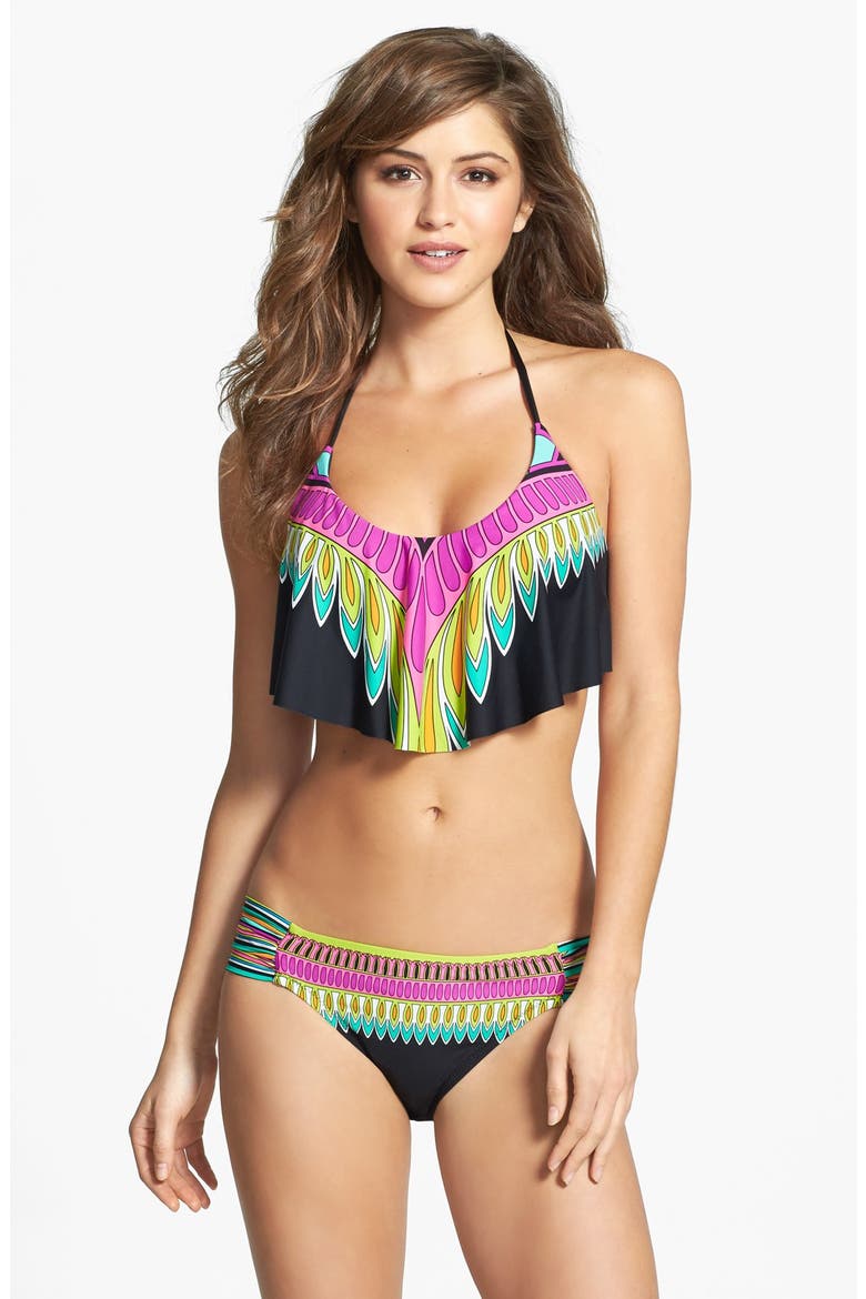'Plumas' Shirred Side Hipster Bikini Bottoms, Alternate, color, BLACK MULTI