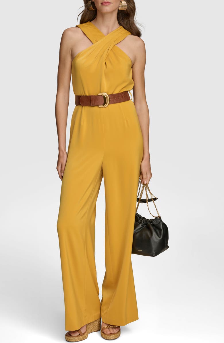 Donna Karan New York Belted Halter Wide Leg Jumpsuit, Alternate, color, Golden Yellow