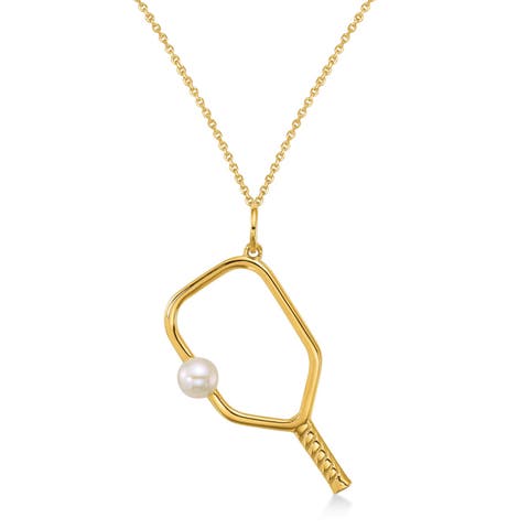 Cultured Pearl Ball & Pickleball Paddle Pendant Necklace 14K
