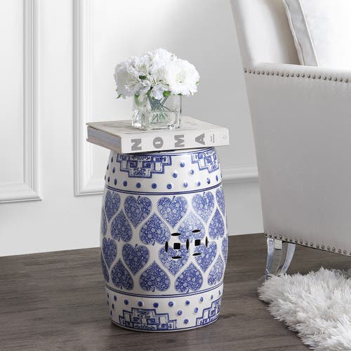 Jonathan Y Happy Hearts 17.8" Chinoiserie Ceramic Drum Garden Stool In Blue/white