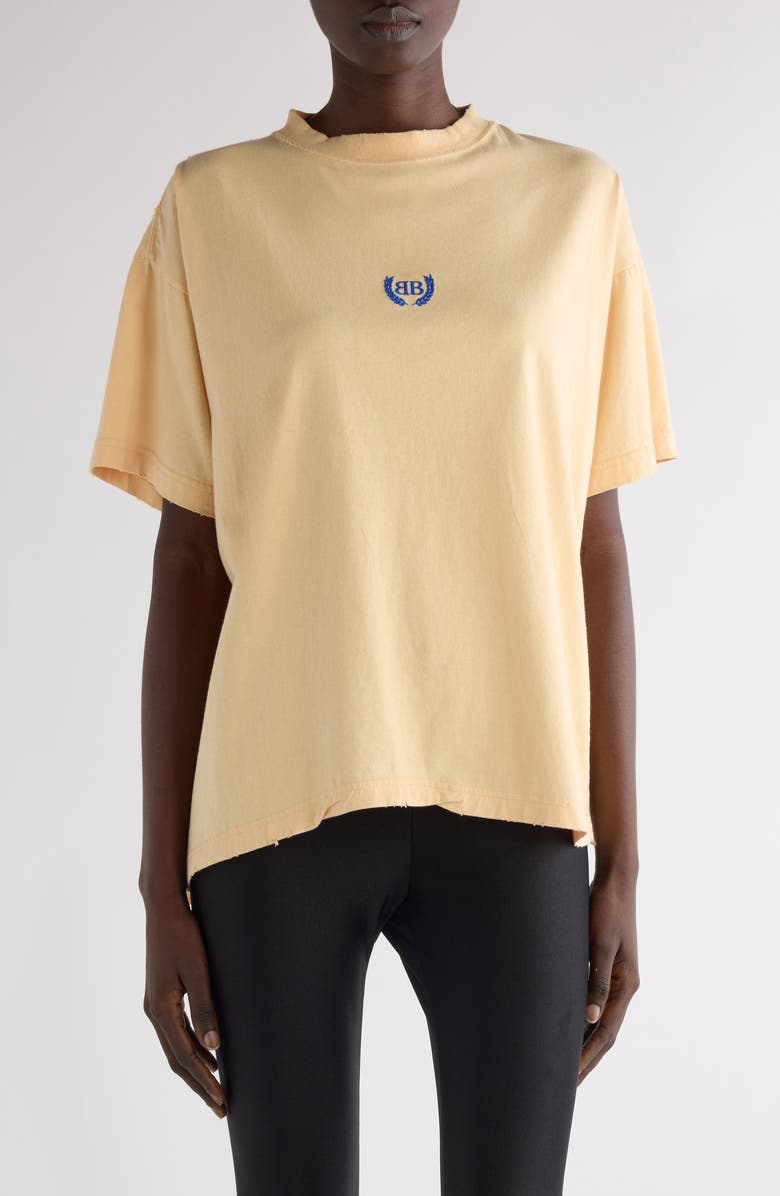 Balenciaga Laurel Embroidered Logo Boxy Distressed T-Shirt, Main, color, 