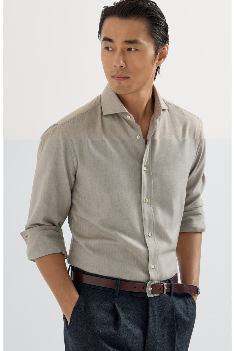 Stretch cotton chevron flannel shirt with spread collar, Alternate, color, Stone Grey