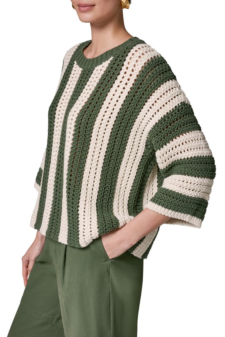 Vertical Stripe Open Stitch Cotton Sweater, Alternate, color, VERDE/ CREA
