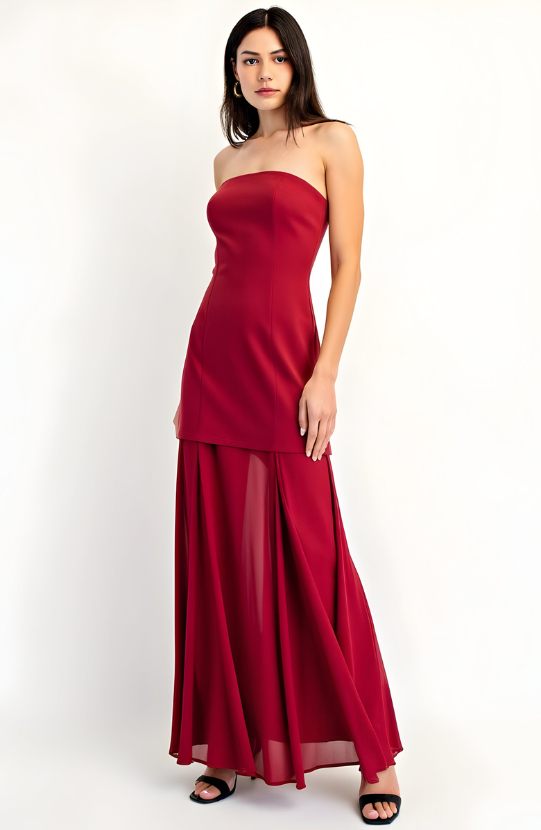 Modenaire Strapless Evening Gown with Sheer Panel Skirt and Fitted Bodice, Alternate, color, Red