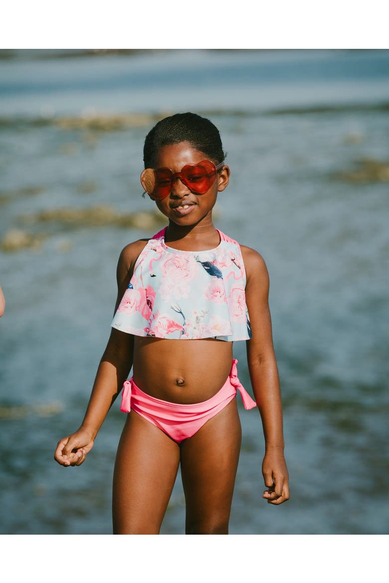 Two-Piece Triple Strap Flamingo Swimsuit, Alternate, color, Blue Flamingo Print