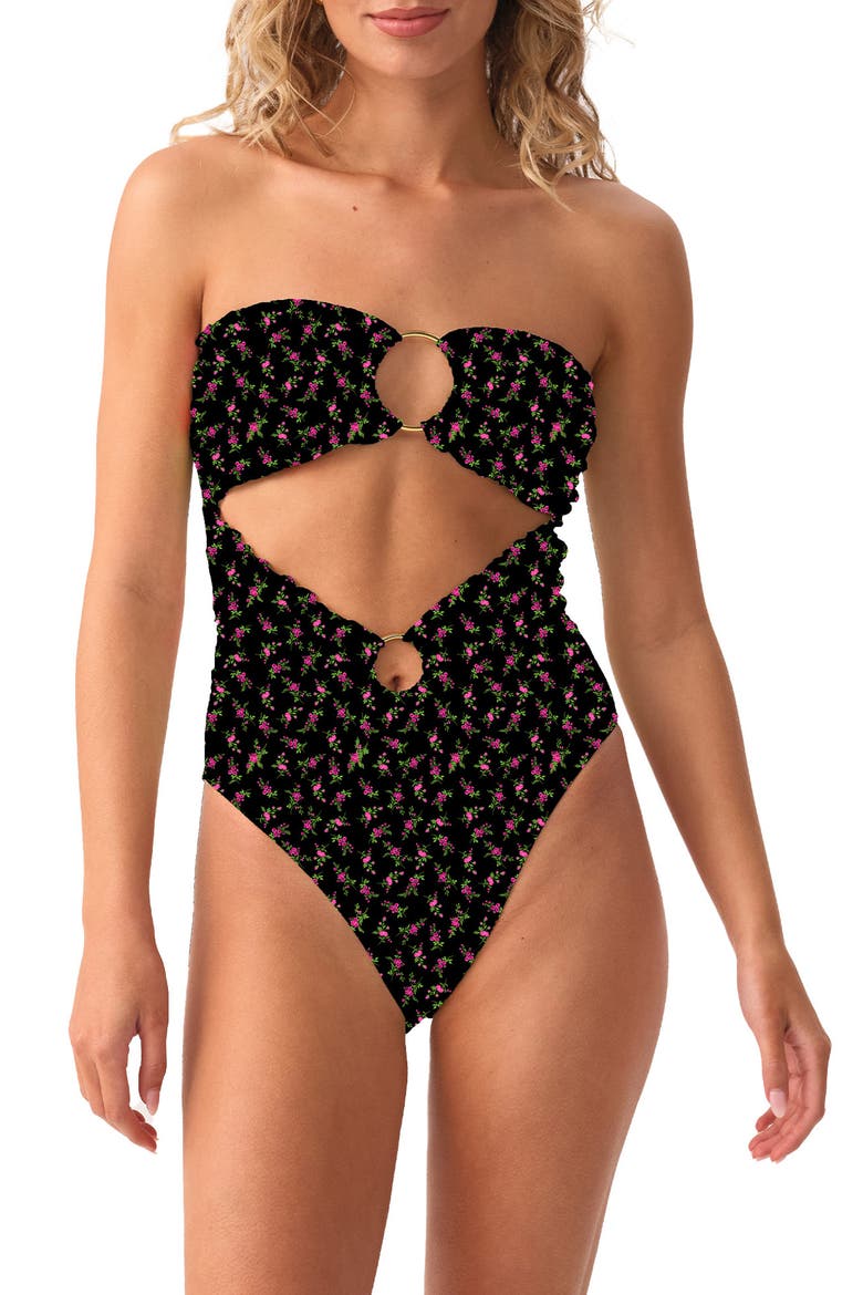 Floral Lettuce Edge Strapless One-Piece Swimsuit, Main, color, ROSEBUD