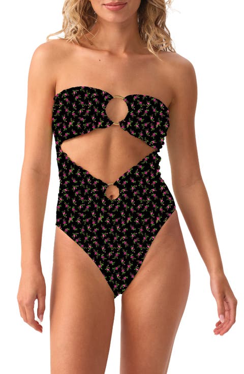 Floral Lettuce Edge Strapless One-Piece Swimsuit