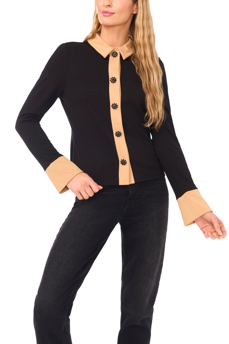 Crystal Button Knit Button-Up Shirt, Main, color, RICH BLACK