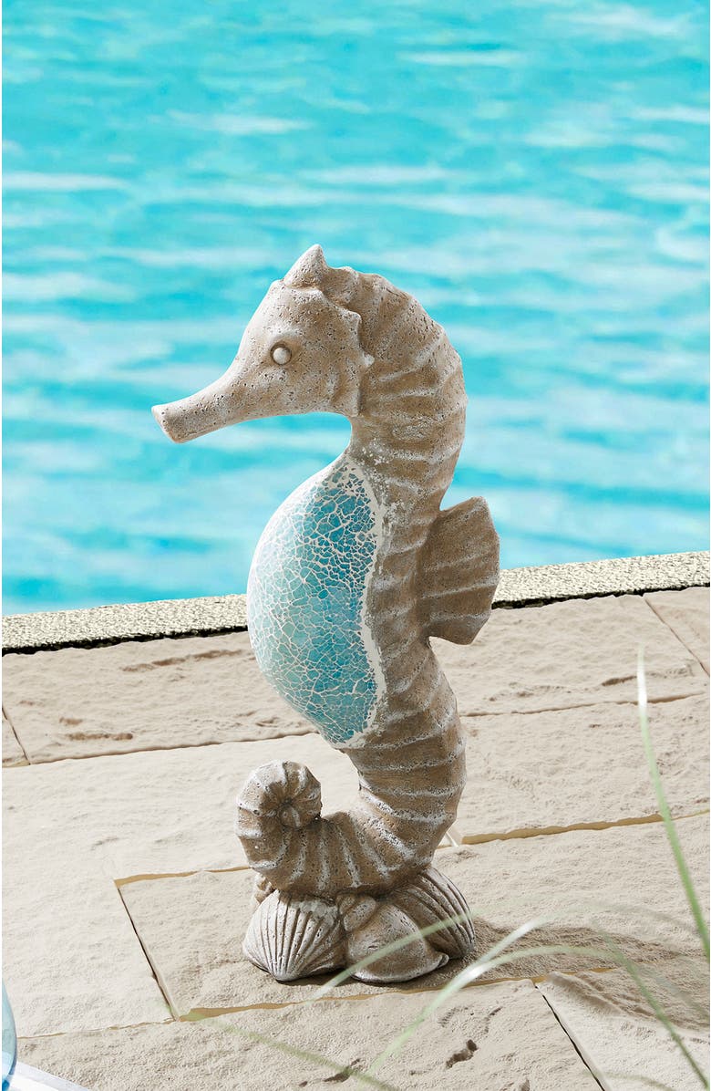 Glitzhome 21"H MGO Marine Faux Granite and Mosaic Sea Horse  Statue, Alternate, color, Blue