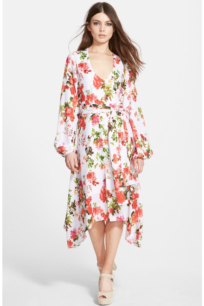 Handkerchief Hem Long Sleeve Dress, Main, color, FLORAL WHITE