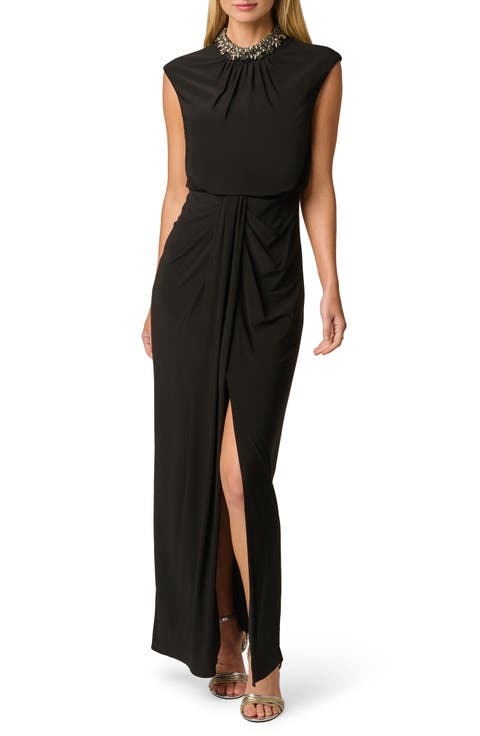 Faux Pearl Mock Neck Jersey Gown