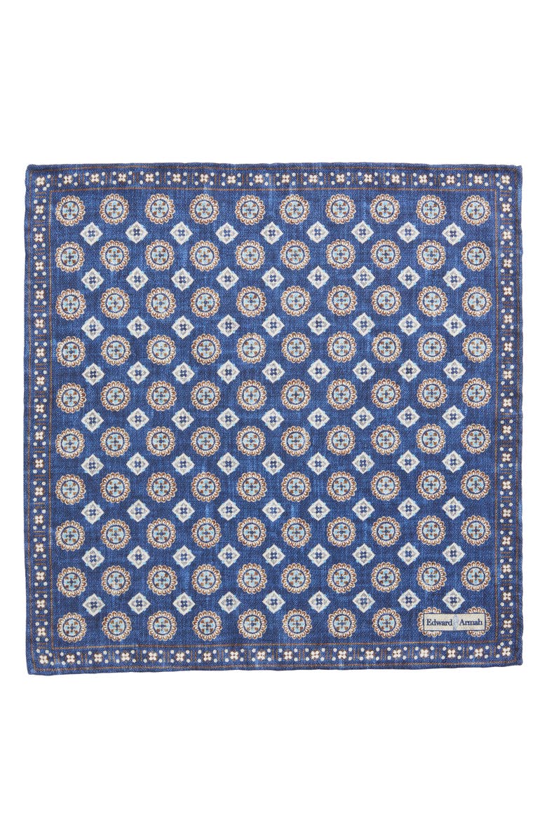 EDWARD ARMAH Blue Medallion Print Reversible Silk Pocket Square, Main, color, Denim