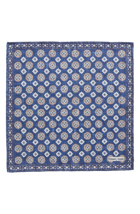 Blue Medallion Print Reversible Silk Pocket Square