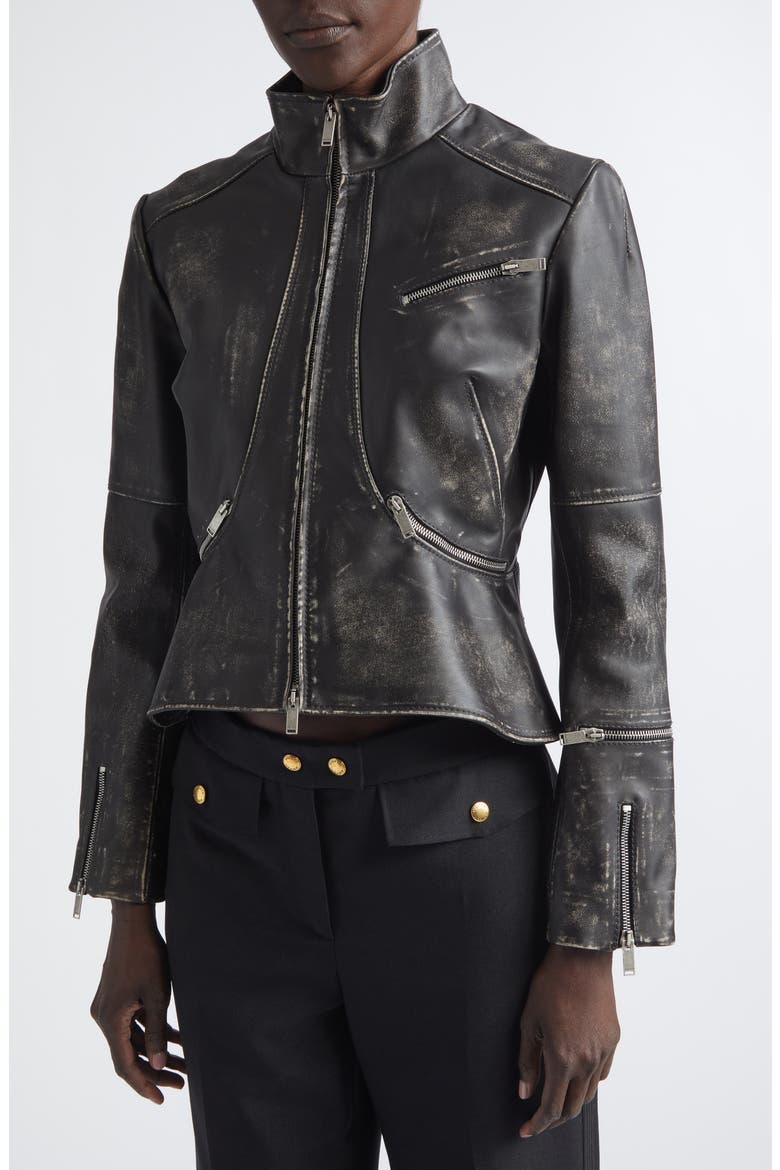 Crop Brushed Leather Jacket, Alternate, color, BLACK/ BROWN