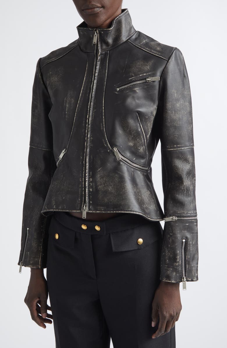 McQueen Crop Brushed Leather Jacket, Alternate, color, Black/ Brown