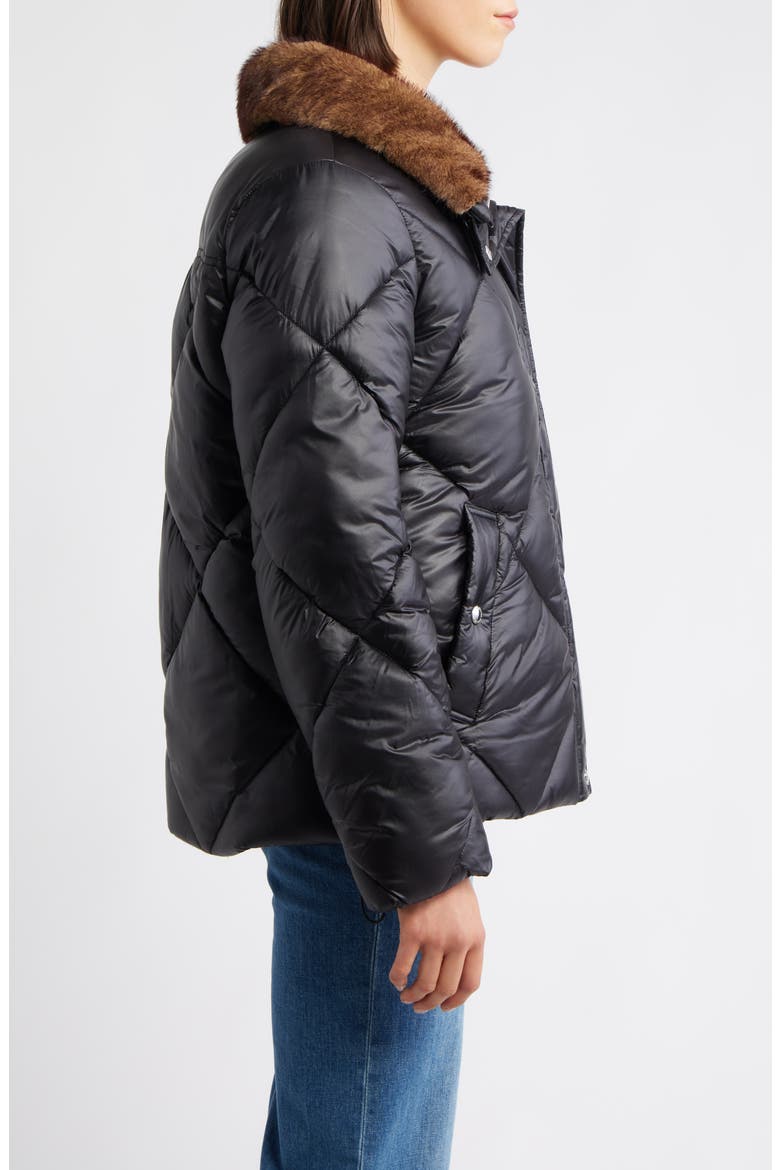 Diamond Quilted Puffer Jacket with Faux Fur Hood, Alternate, color, BLACK