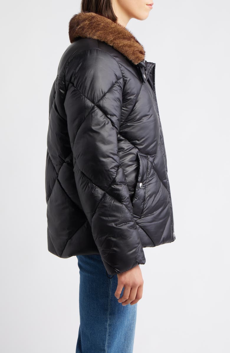 Sam Edelman Diamond Quilted Puffer Jacket with Faux Fur Hood, Alternate, color, Black