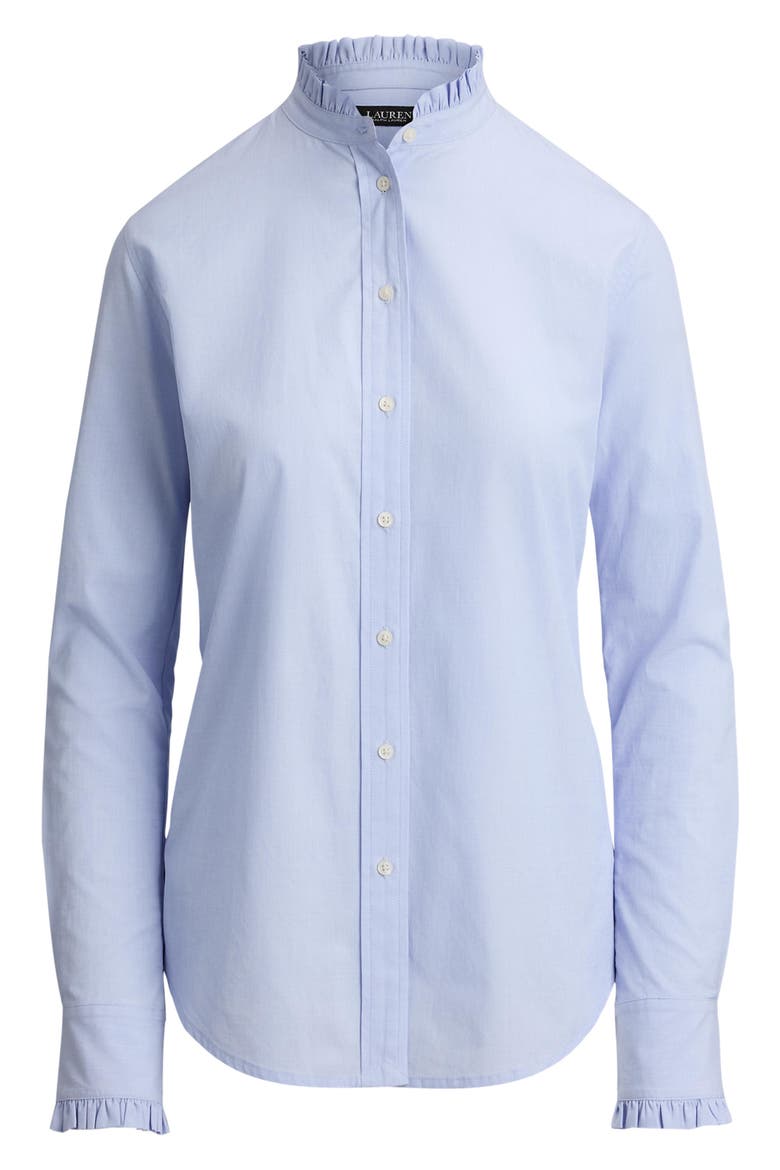 Ruffle Trim Cotton End-on-End Button-Up Shirt, Alternate, color, LIGHT SKY BLUE
