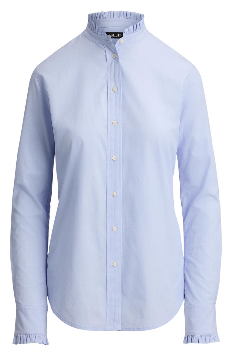 Lauren Ralph Lauren Ruffle Trim Cotton End-on-End Button-Up Shirt, Alternate, color, Light Sky Blue