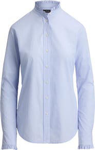 Lauren Ralph Lauren Ruffle Trim Cotton End-on-End Button-Up Shirt