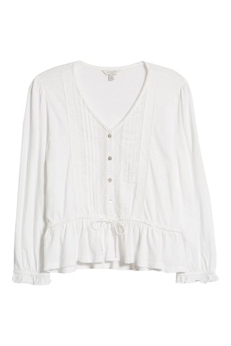 Lace Inset Tie Waist Cotton Blouse, Alternate, color, BRIGHT WHITE