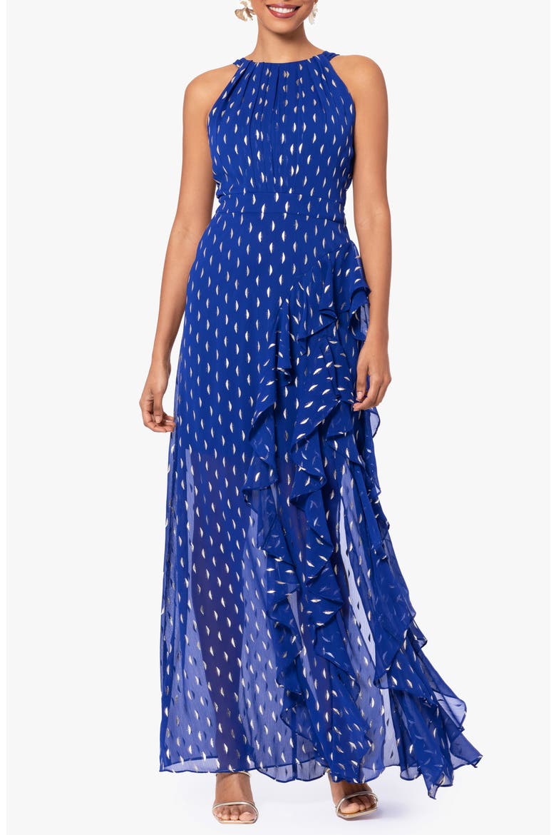 Ruffle Metallic Chiffon Gown, Main, color, LIGHT NAVY/ GOLD