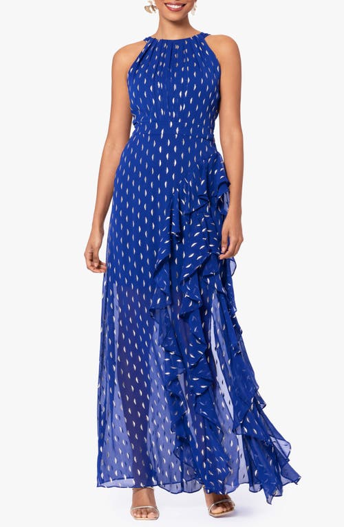Betsy & Adam Ruffle Metallic Chiffon Gown in Light Navy/Gold 