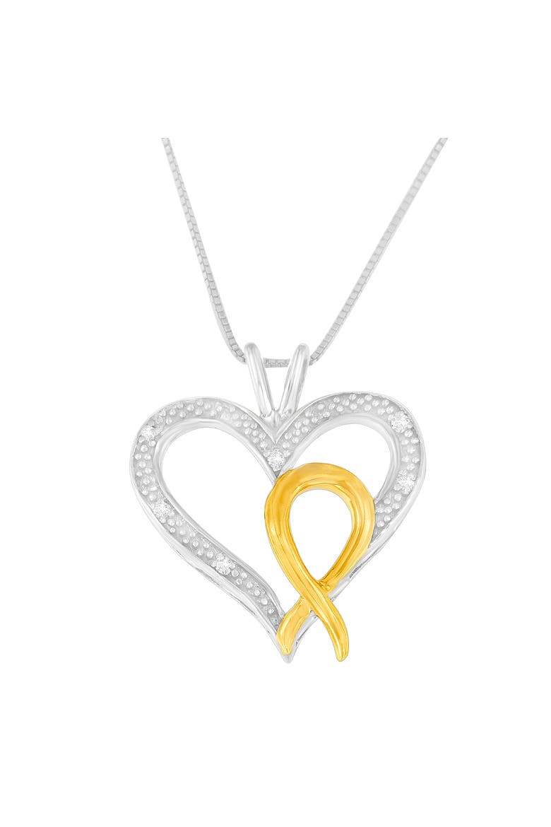 Silver Two Toned 1/25 cttw Diamond Heart-Ribbon Pendant Necklace, Alternate, color, Yellow