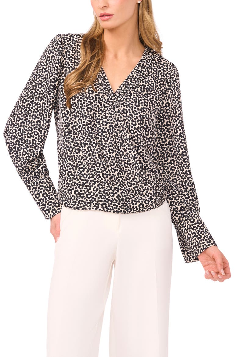 Dot Flower Print Long Sleeve Wrap Top, Main, color, BIRCH