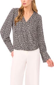 Halogen® Dot Flower Print Long Sleeve Wrap Top