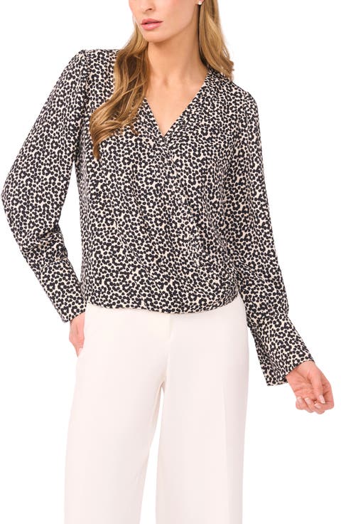 Halogen® Dot Flower Print Long Sleeve Wrap Top (Regular & Petite)