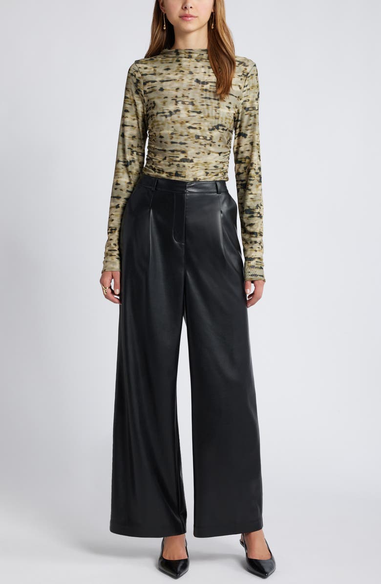 Open Edit Ruched Mock Neck Mesh Top, Alternate, color, Olive Shadow Dye