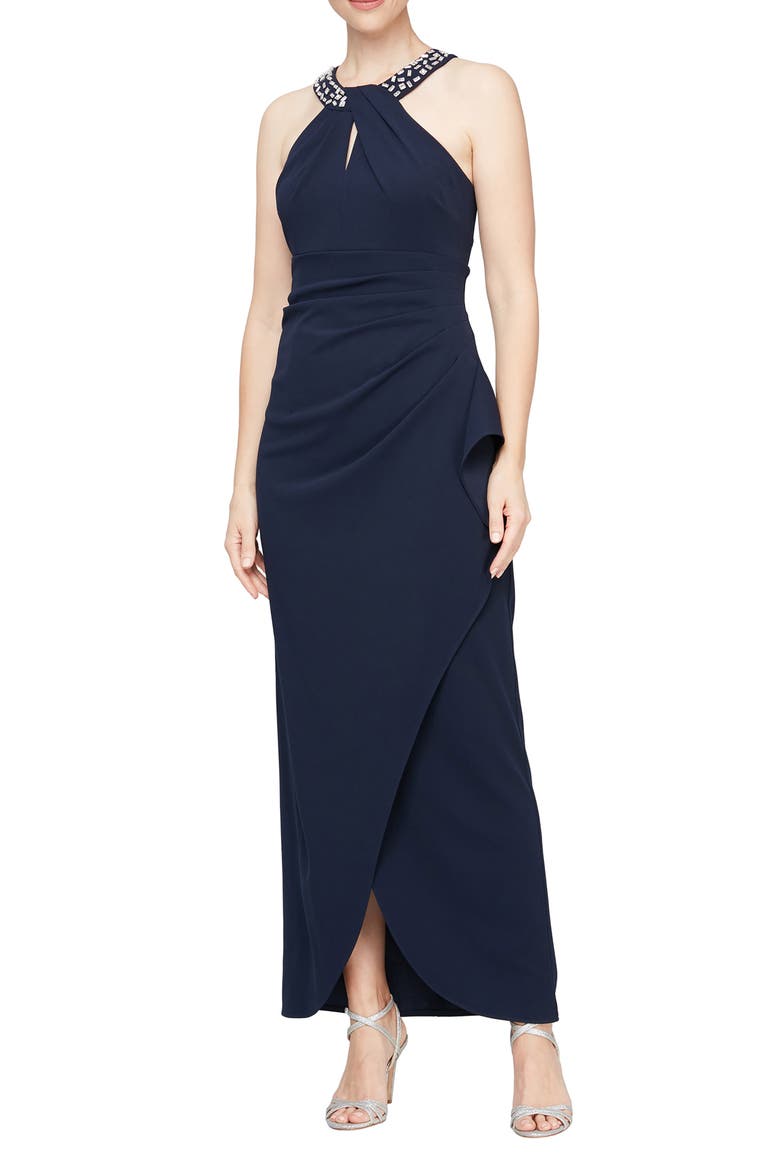 Crystal Embellished Halter Neck Sleeveless Tulip Maxi Dress, Main, color, NAVY