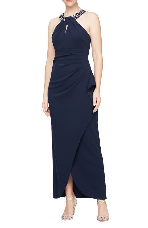 Crystal Embellished Halter Neck Sleeveless Tulip Maxi Dress